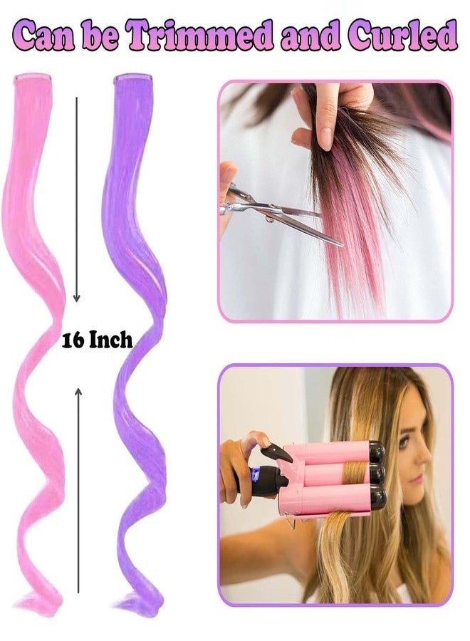 REDMENCO Colored Clip in Hair Extensions 12 Pieces Streak for Women Kids Girls, 16 Inch Wavy Curly, Party Highlights (6 Lavender purple+6 Light Pink Colorful) - Image 3